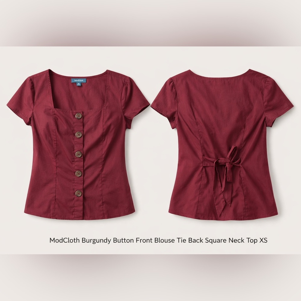 ModCloth Burgundy Button Front Blouse Tie Back Square Neck Top XS